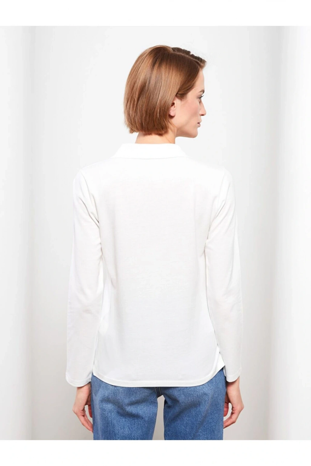 Polo Yaka Düz Uzun Kollu Pike Kadın Tişört