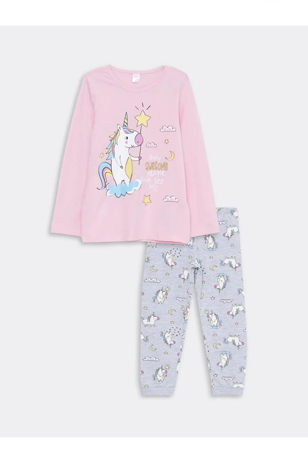 LCW Kids Pembe Bisiklet Yaka Baskılı Uzun Kollu Kız Çocuk Pijama Takımı