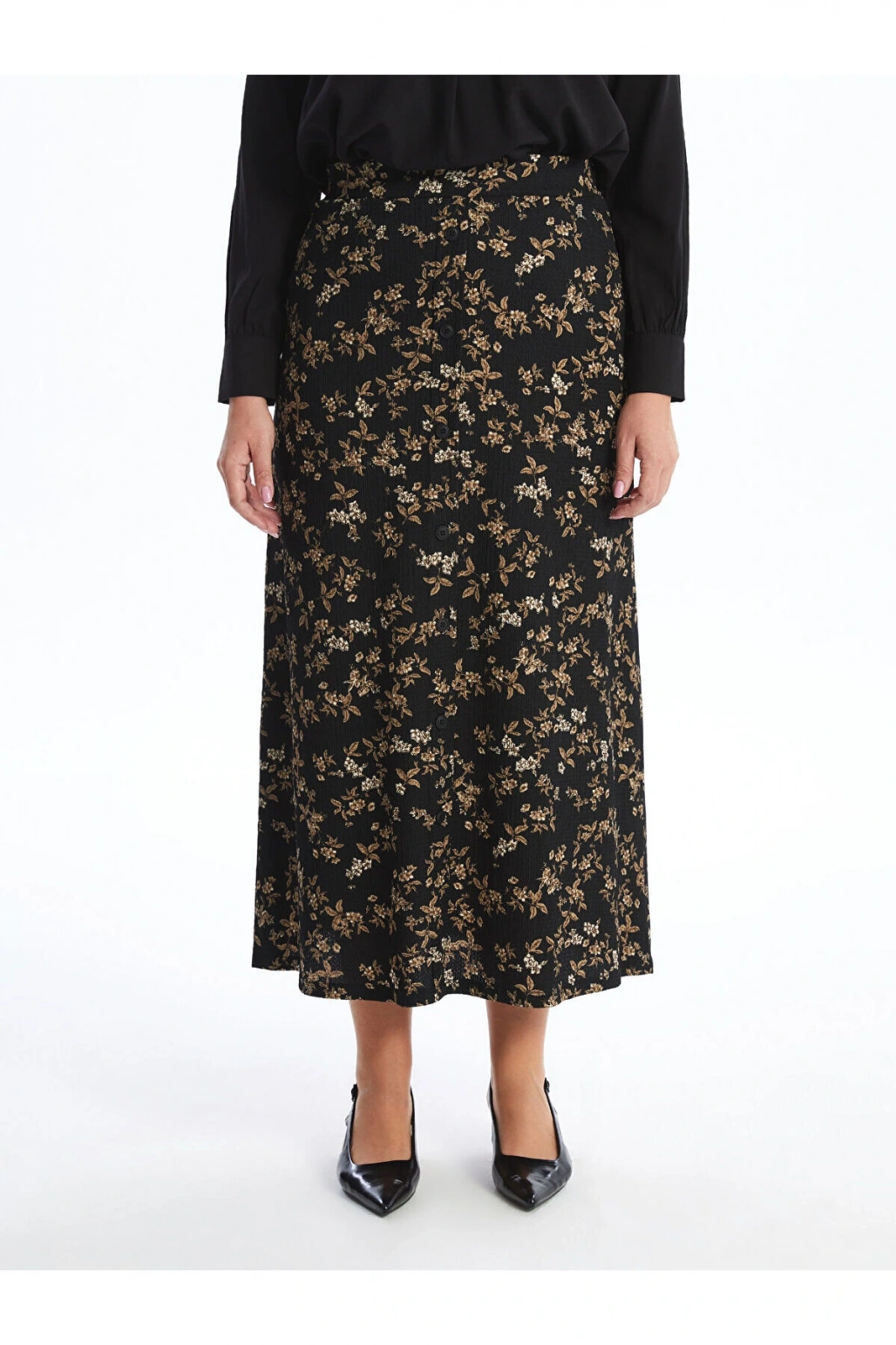 LCW Grace Siyah Beli Lastikli Çiçekli A Kesim Kadın Etek