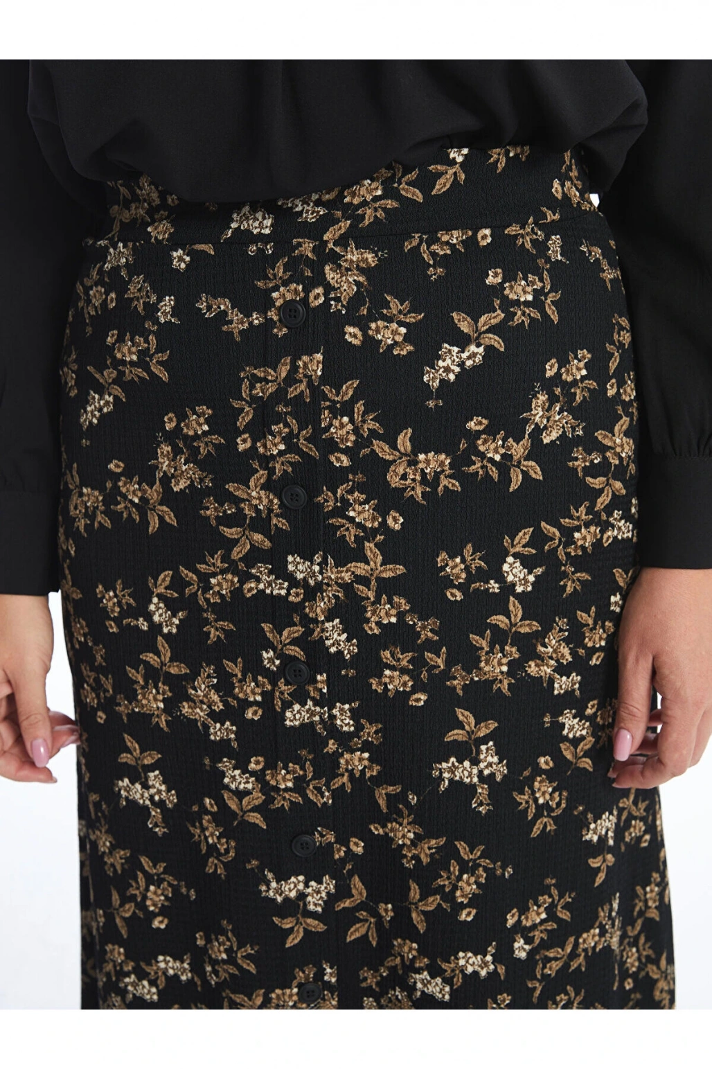 LCW Grace Siyah Beli Lastikli Çiçekli A Kesim Kadın Etek