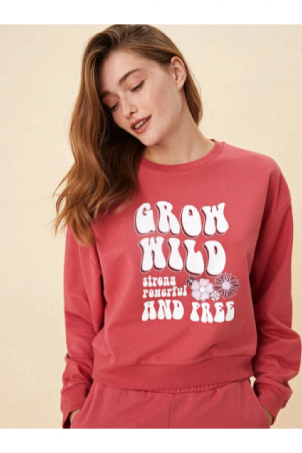 Bisiklet Yaka Baskılı Uzun Kollu Kadın Sweatshirt