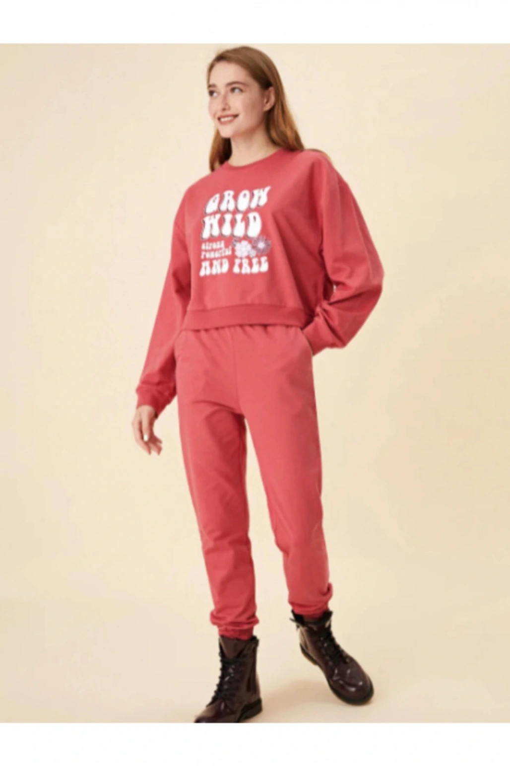 Bisiklet Yaka Baskılı Uzun Kollu Kadın Sweatshirt