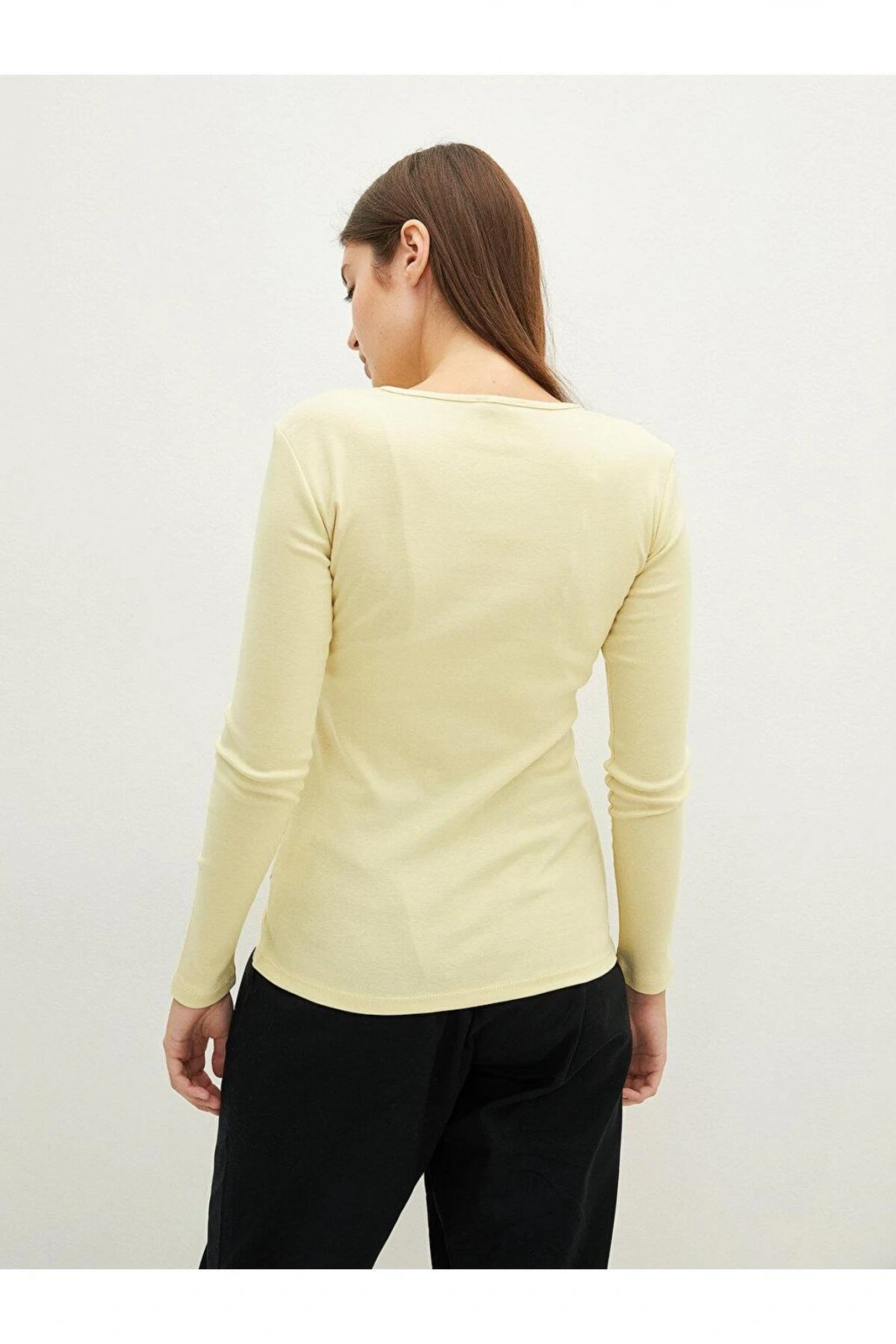 LCWAIKIKI Basic Bisiklet Yaka Düz Uzun Kollu Pamuklu Kadın Tişört