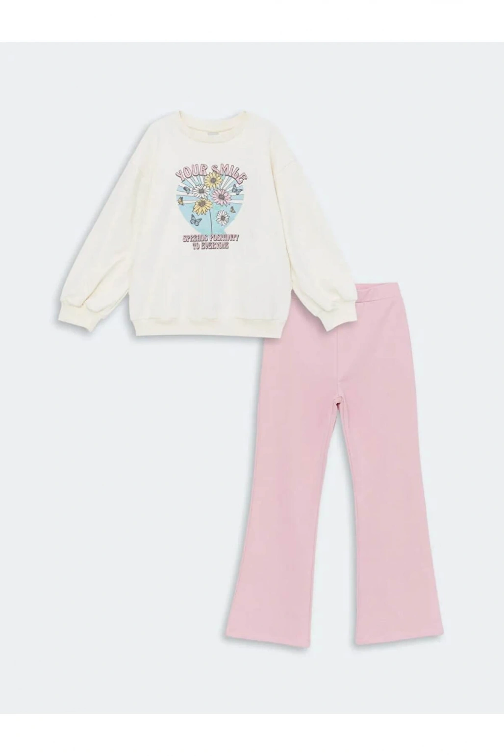 LCW Kids Ekru Bisiklet Yaka Baskılı Uzun Kollu Kız Çocuk Sweatshirt ve Tayt