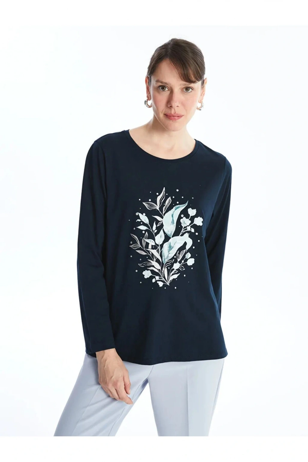 LCW Grace Lacivert Bisiklet Yaka Baskılı Uzun Kollu Kadın Tişört