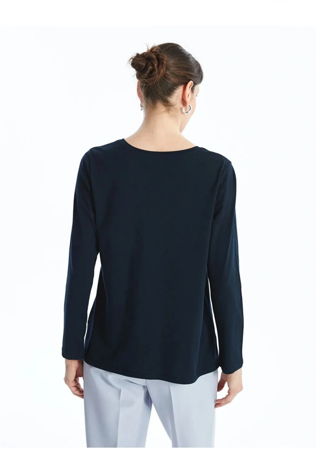 LCW Grace Lacivert Bisiklet Yaka Baskılı Uzun Kollu Kadın Tişört