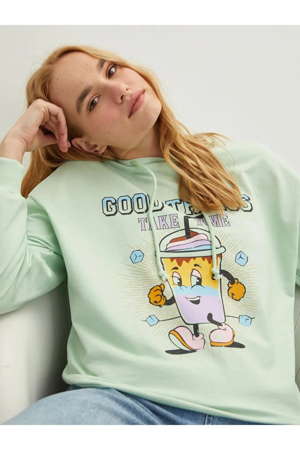 LCW Vision Yeşil Kapüşonlu Baskılı Uzun Kollu Kadın Sweatshirt