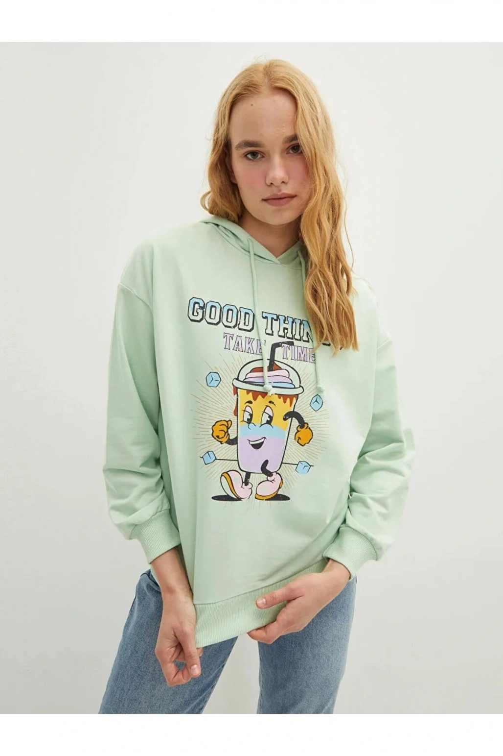 LCW Vision Yeşil Kapüşonlu Baskılı Uzun Kollu Kadın Sweatshirt