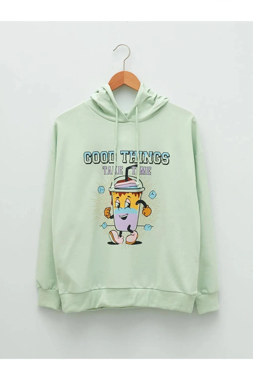 LCW Vision Yeşil Kapüşonlu Baskılı Uzun Kollu Kadın Sweatshirt