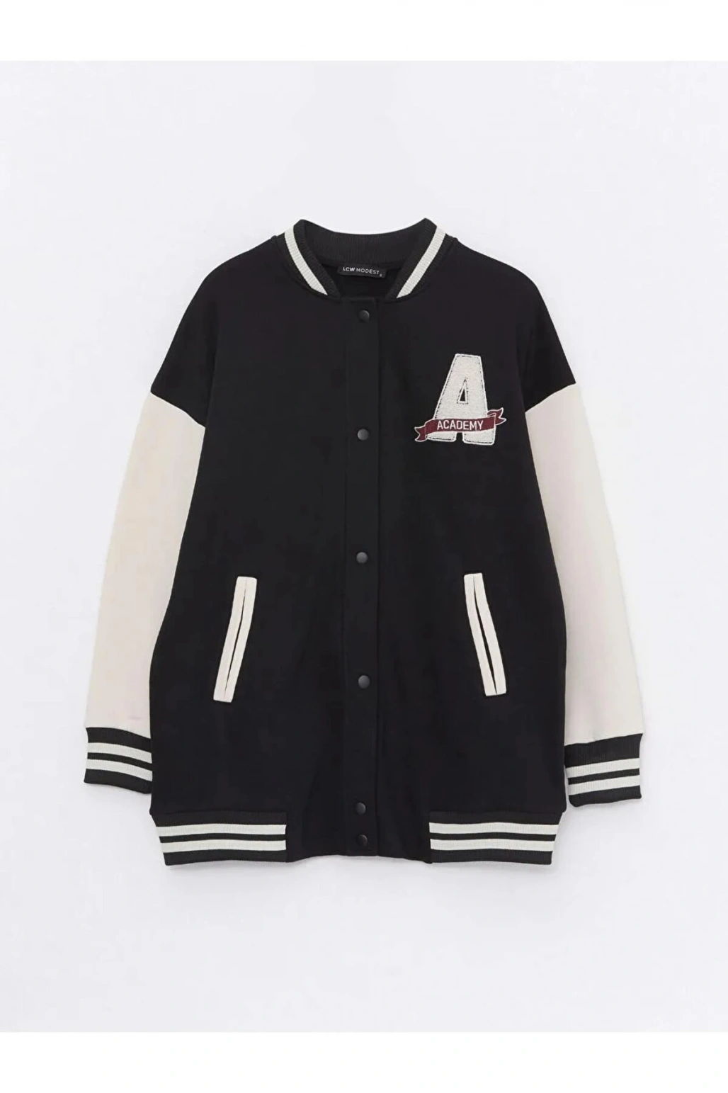 LCW Modest Siyah Bomber Yaka Nakışlı Kadın Kolej Ceket