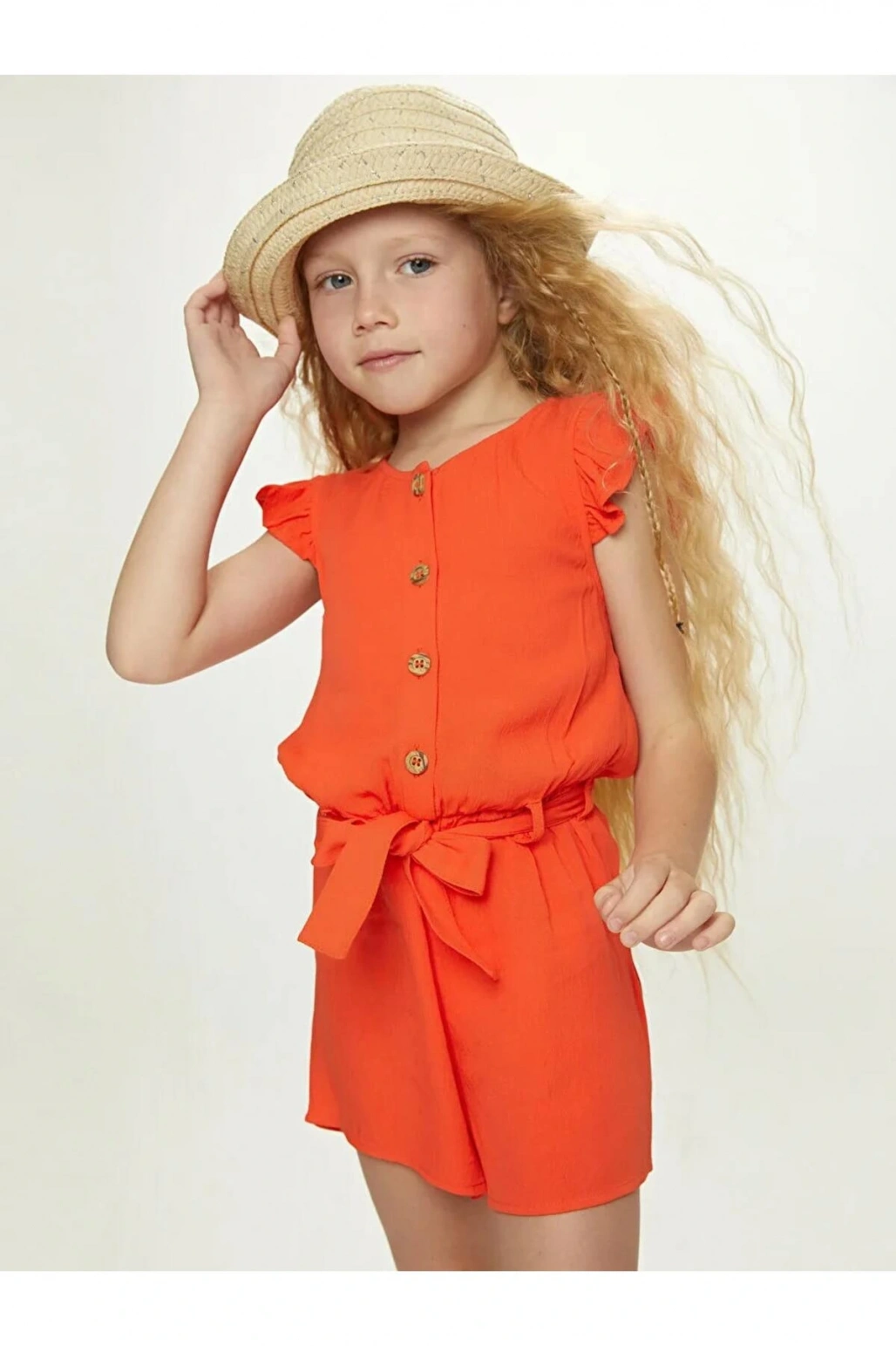 LCW Kids Turuncu Bisiklet Yaka Basic Kısa Kollu Viskon Kız Çocuk Tulum