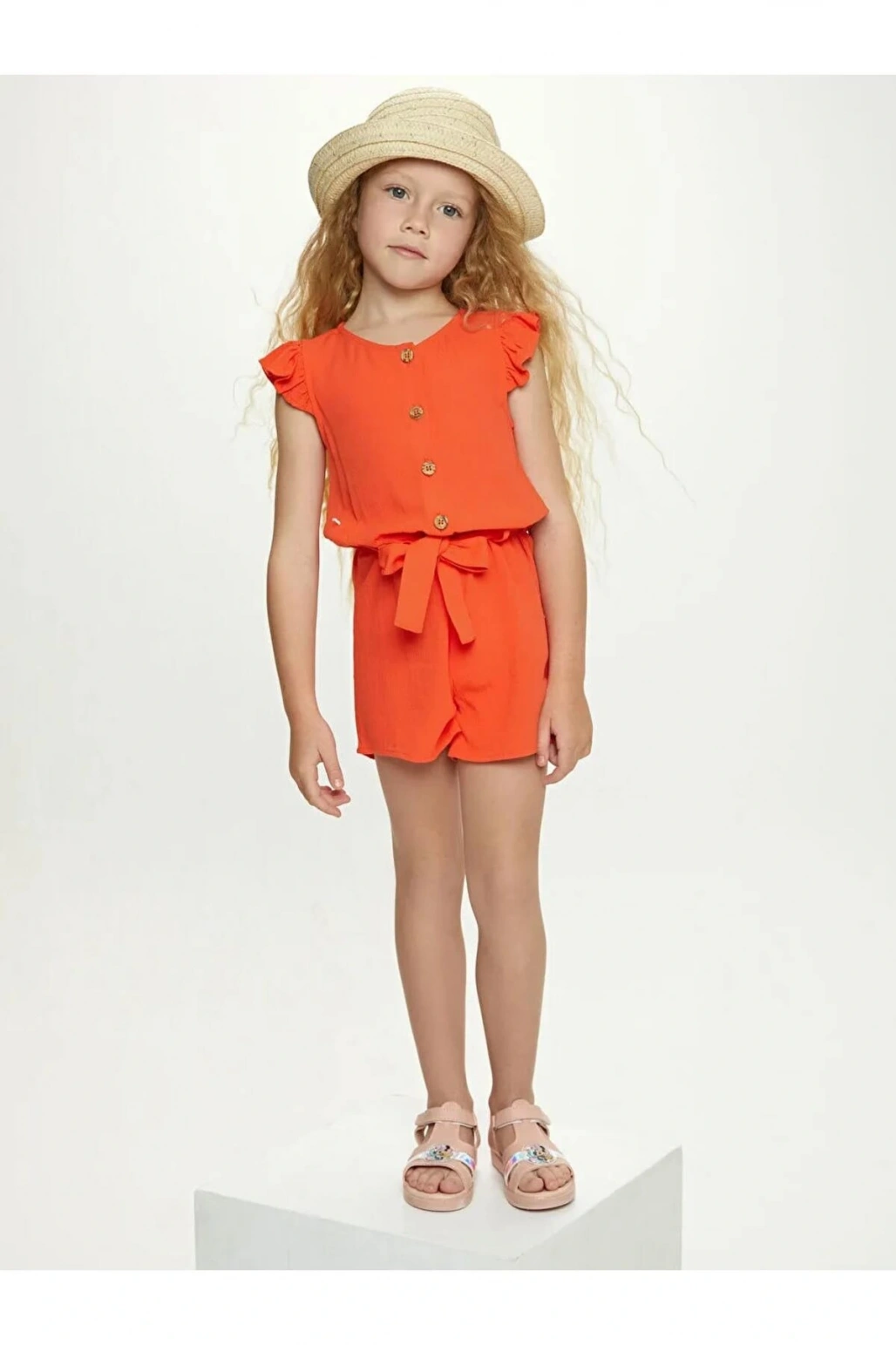 LCW Kids Turuncu Bisiklet Yaka Basic Kısa Kollu Viskon Kız Çocuk Tulum