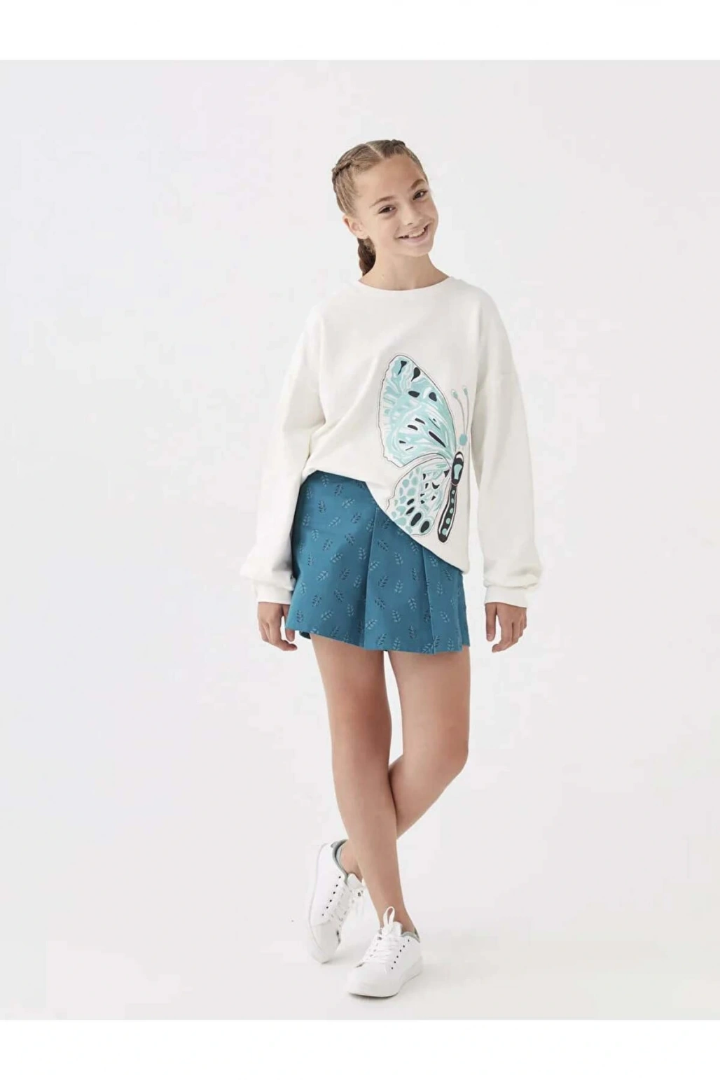 LCW Kids Ekru Bisiklet Yaka Baskılı Uzun Kollu Kız Çocuk Sweatshirt