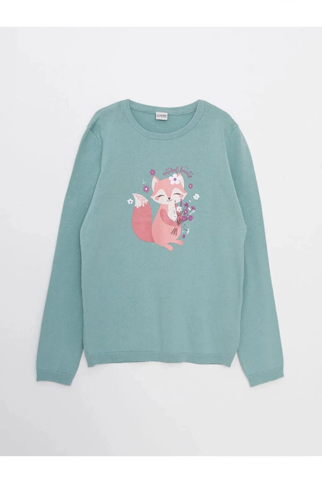 LCW Kids Yeşil Bisiklet Yaka Baskılı Uzun Kollu Kız Çocuk Triko Kazak