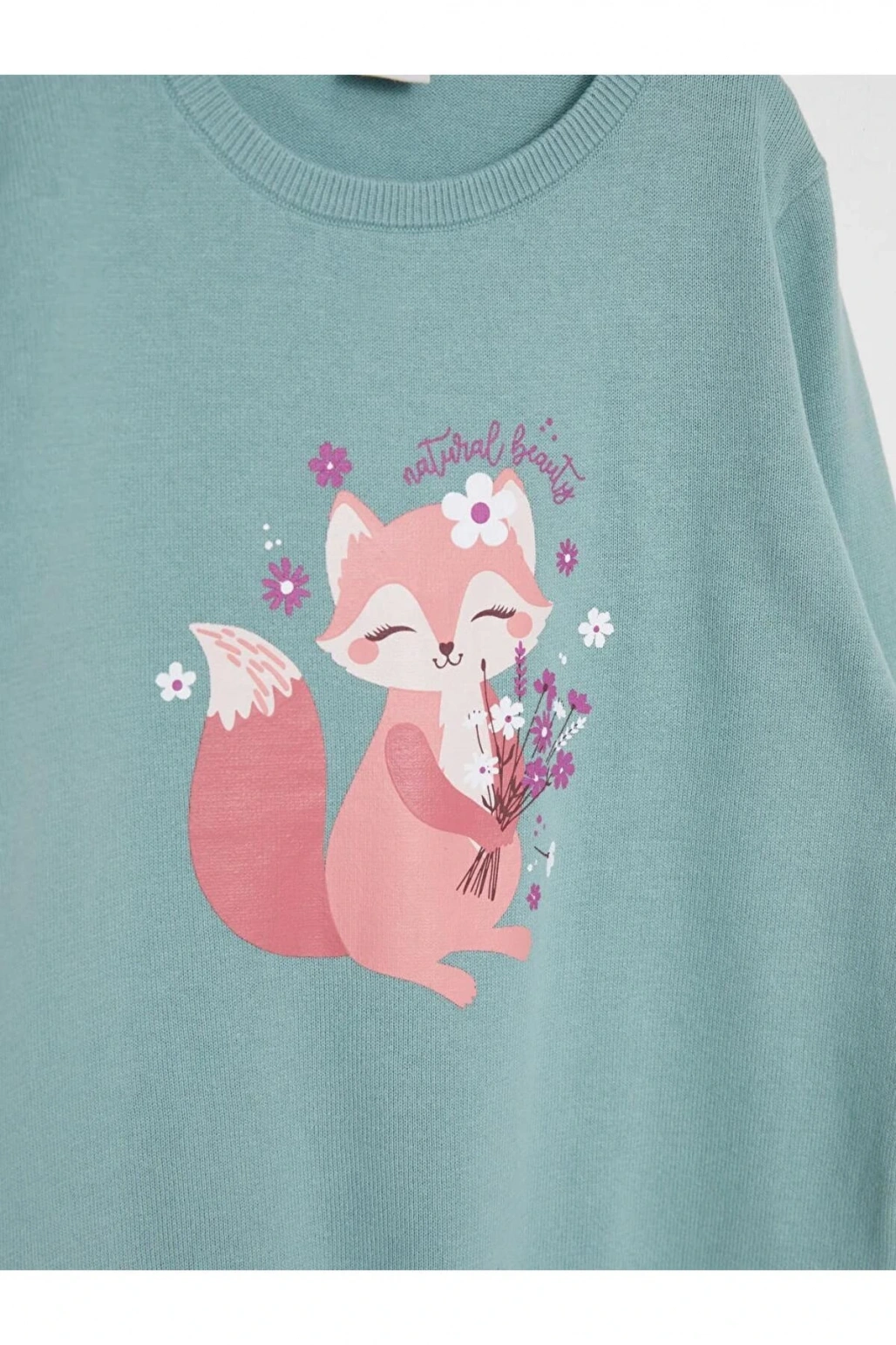 LCW Kids Yeşil Bisiklet Yaka Baskılı Uzun Kollu Kız Çocuk Triko Kazak