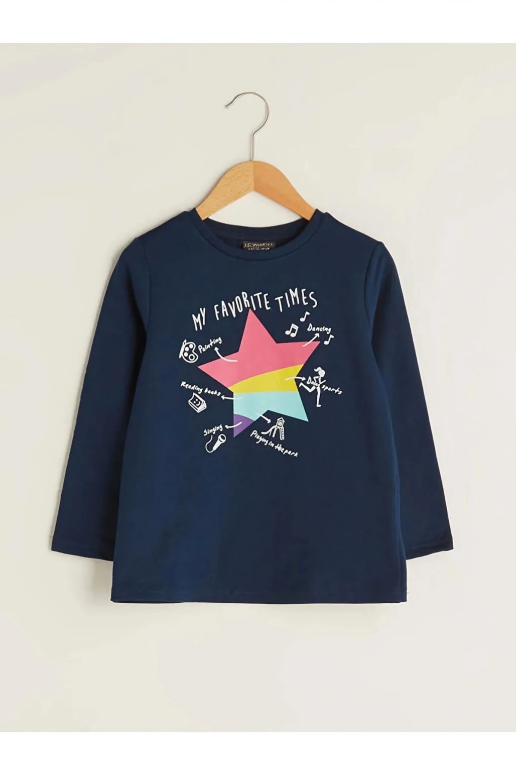 LCW ECO Lacivert Bisiklet Yaka Baskılı Uzun Kollu Kız Çocuk Tişört