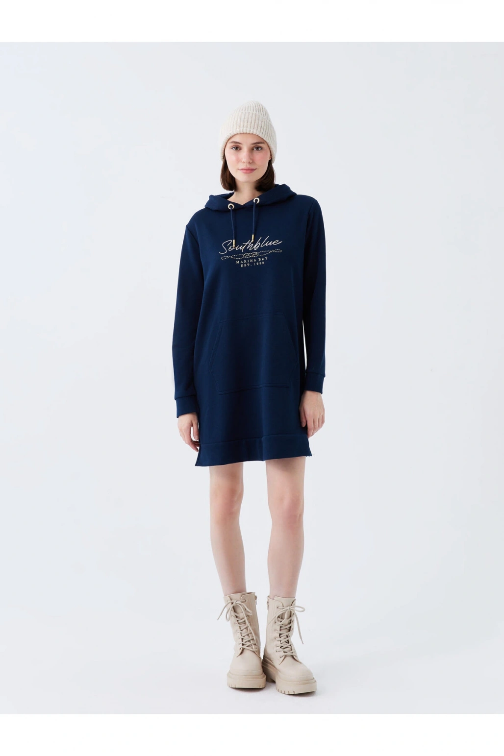 Kapüşonlu Baskılı Uzun Kollu Kadın Sweat Elbise