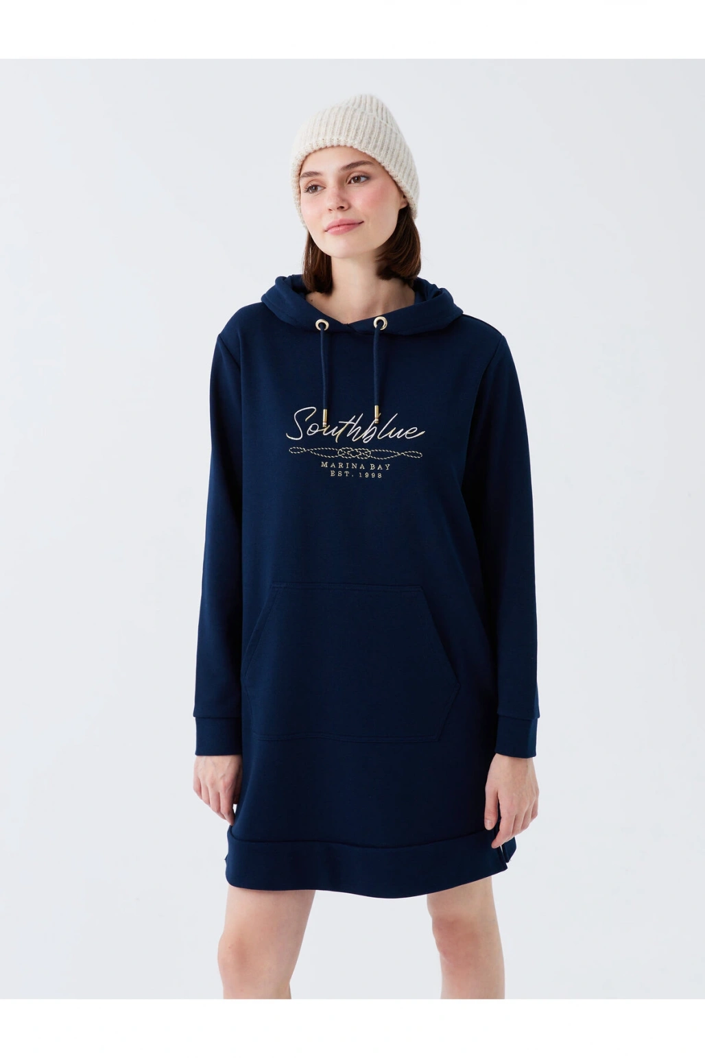 Kapüşonlu Baskılı Uzun Kollu Kadın Sweat Elbise