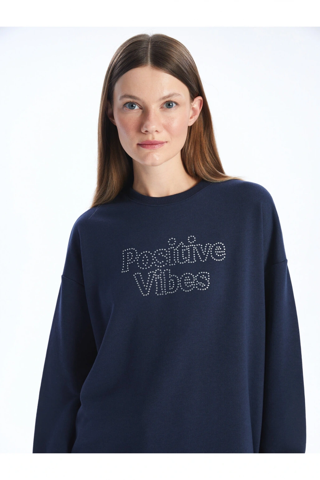 Bisiklet Yaka Taş Baskılı Uzun Kollu Oversize Kadın Sweatshirt Tunik