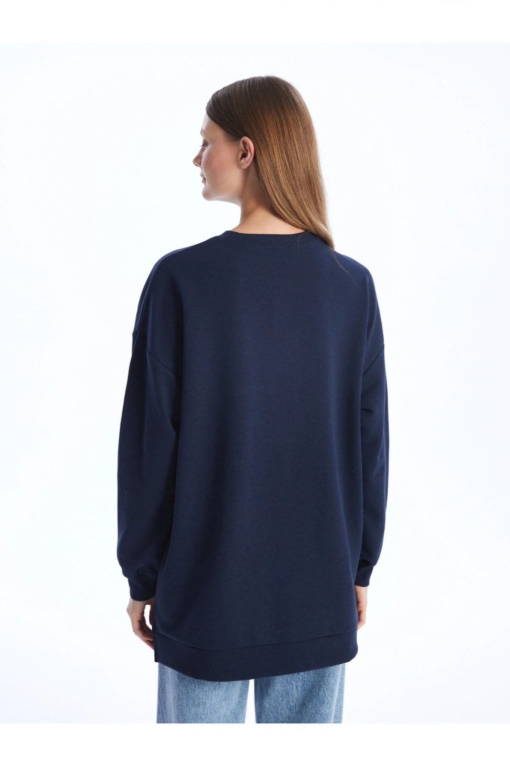 Bisiklet Yaka Taş Baskılı Uzun Kollu Oversize Kadın Sweatshirt Tunik