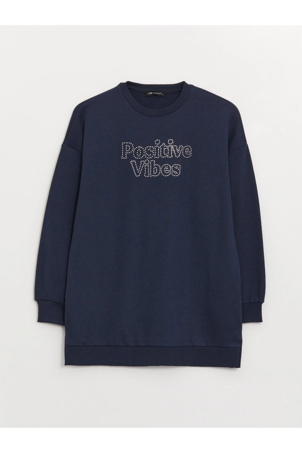 Bisiklet Yaka Taş Baskılı Uzun Kollu Oversize Kadın Sweatshirt Tunik