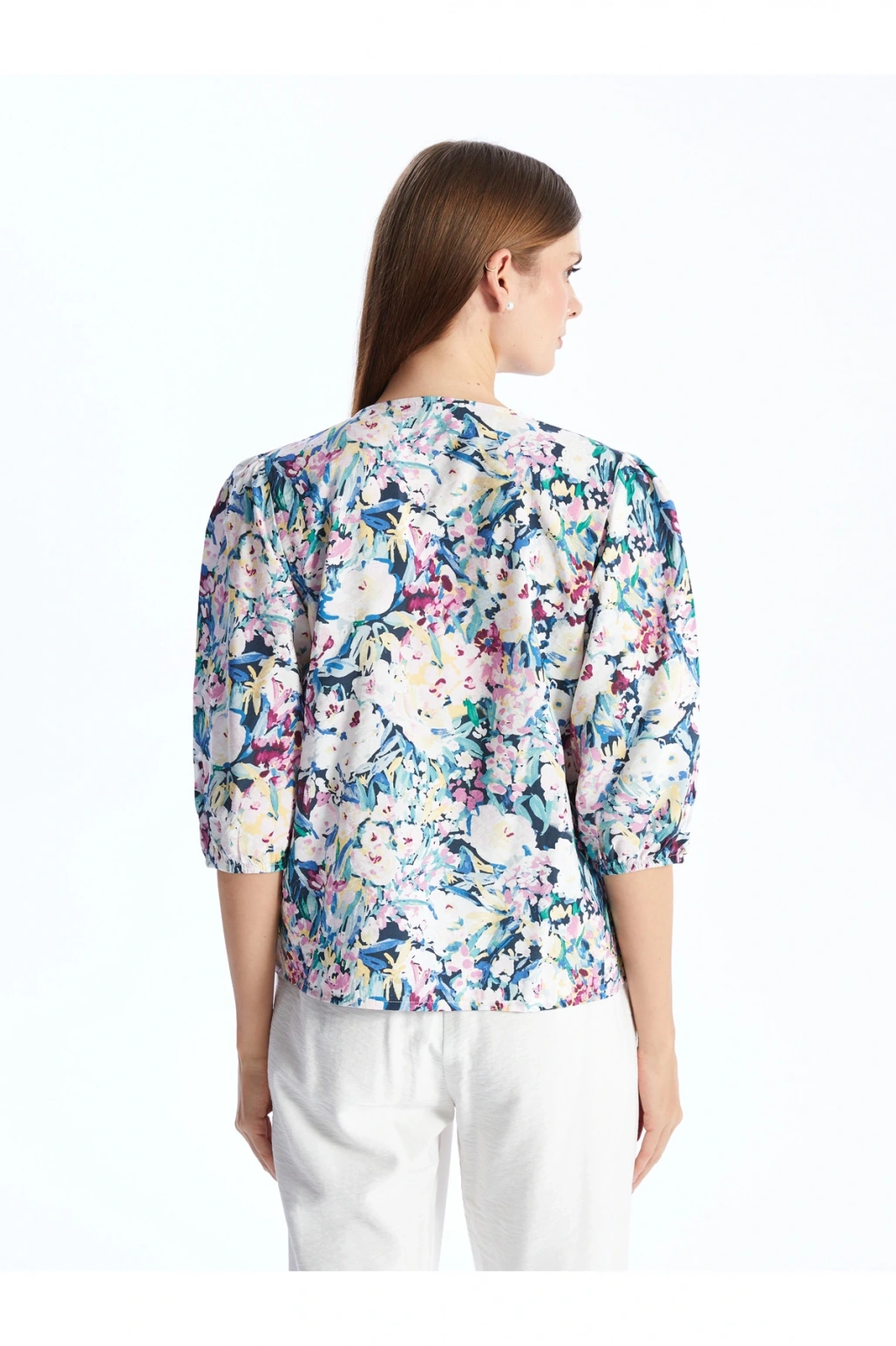 V Yaka Çiçekli Kadın Bluz