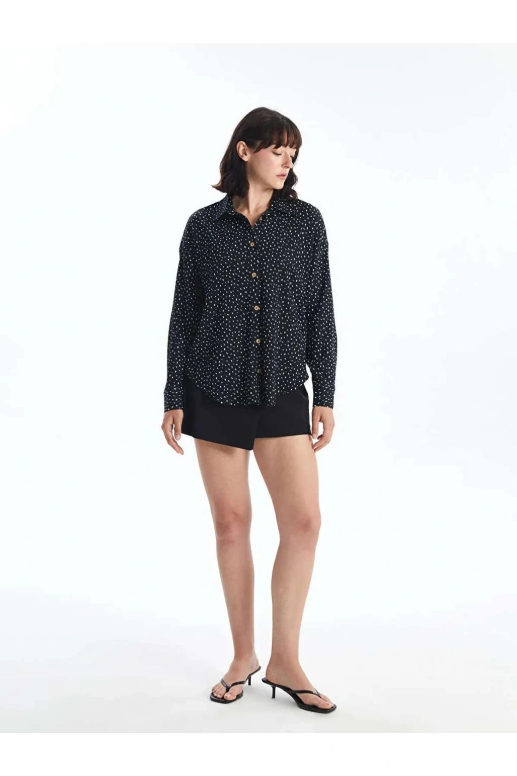 LCW Vision Siyah Desenli Uzun Kollu Oversize Kadın Gömlek