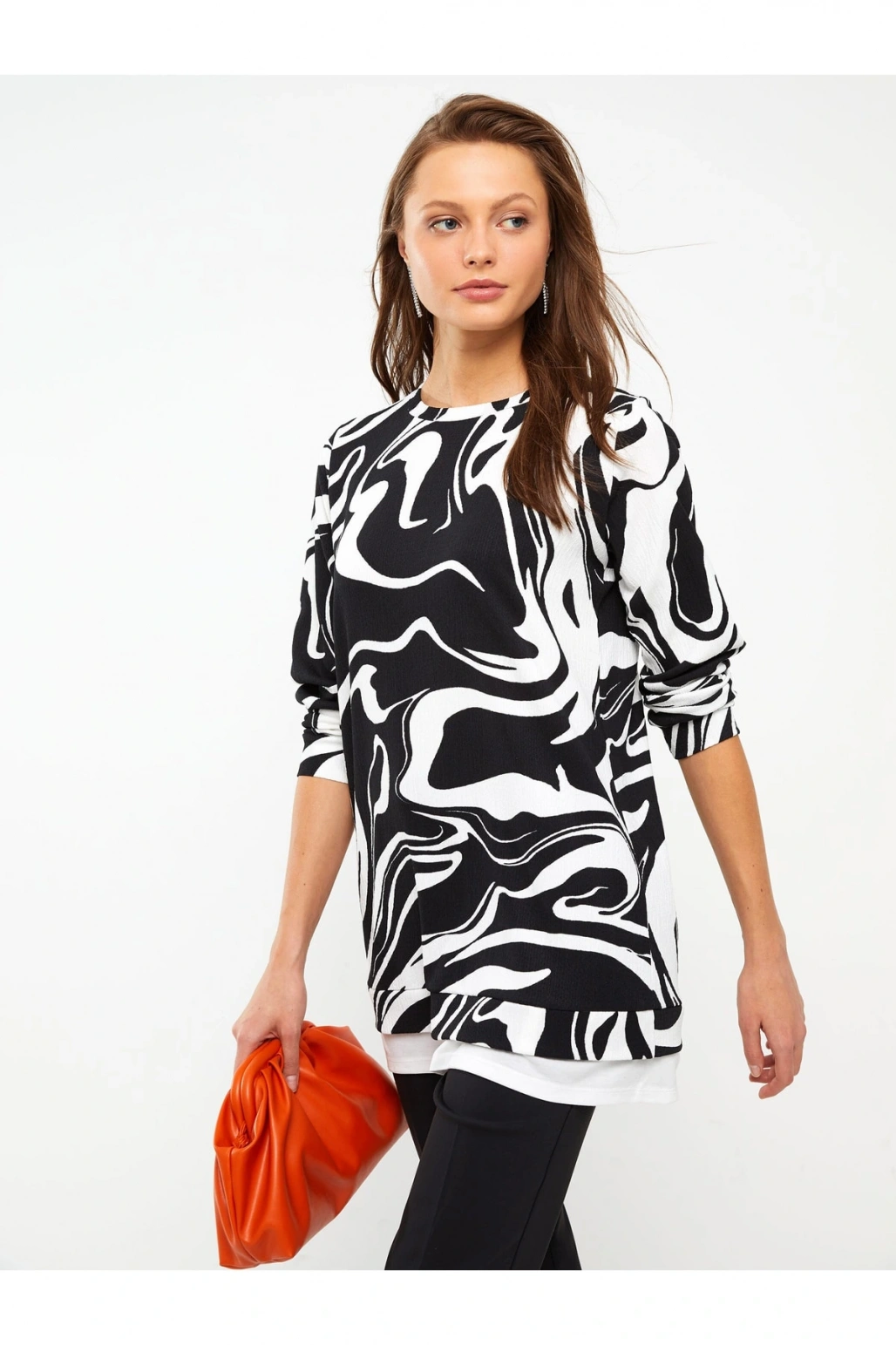 Bisiklet Yaka Baskılı Uzun Kollu Kadın Tunik
