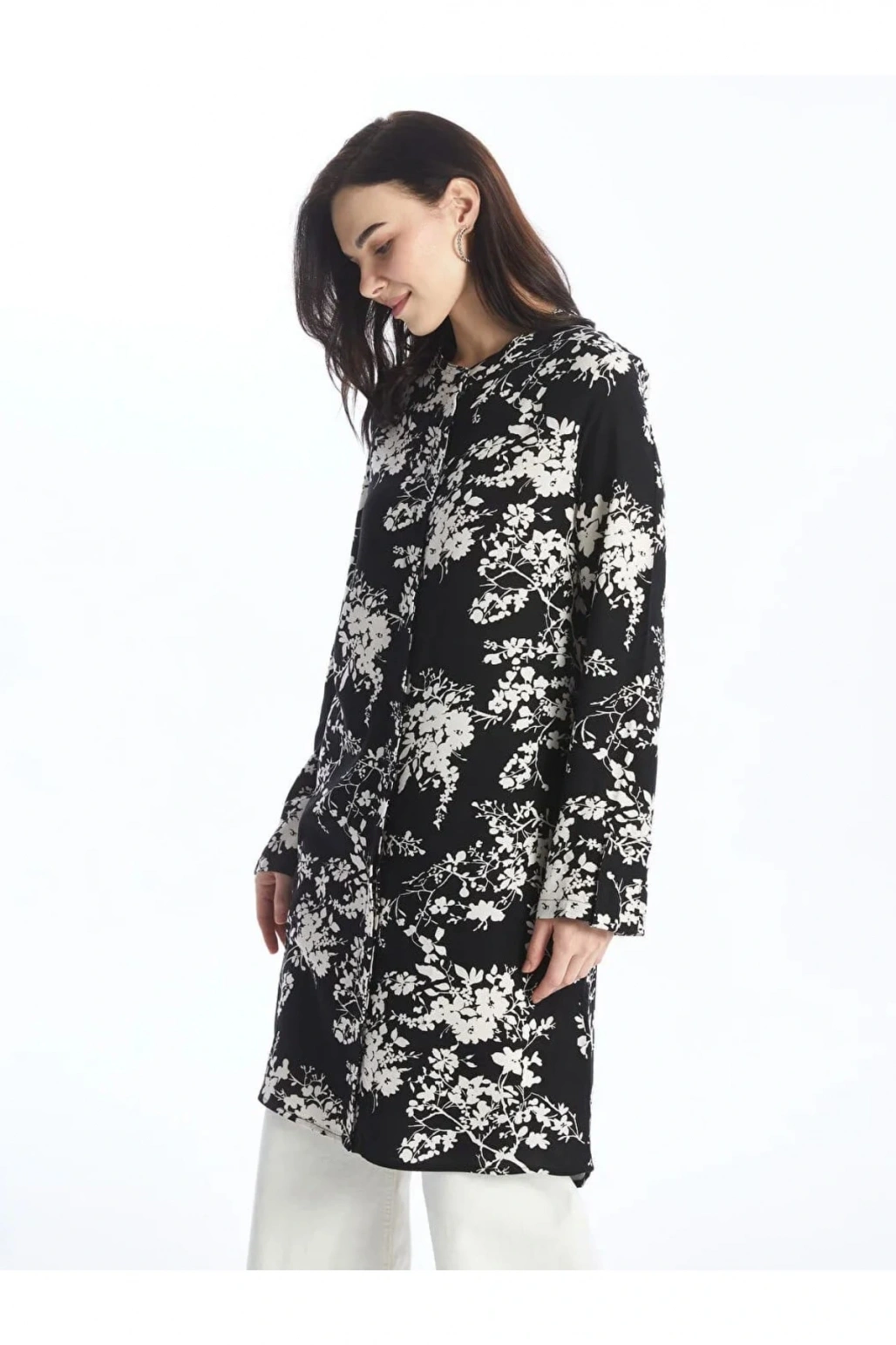 LCW Grace Siyah Bisiklet Yaka Desenli Kadın Gömlek Tunik