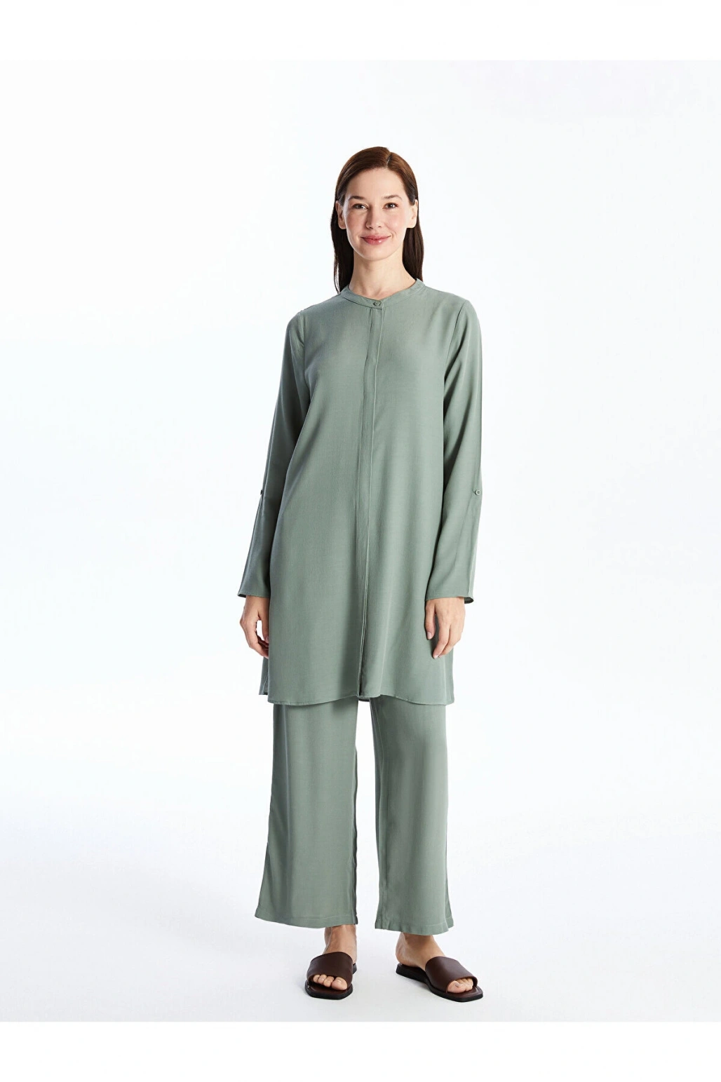 Hakim Yaka Düz Uzun Kollu Kadın Elbise