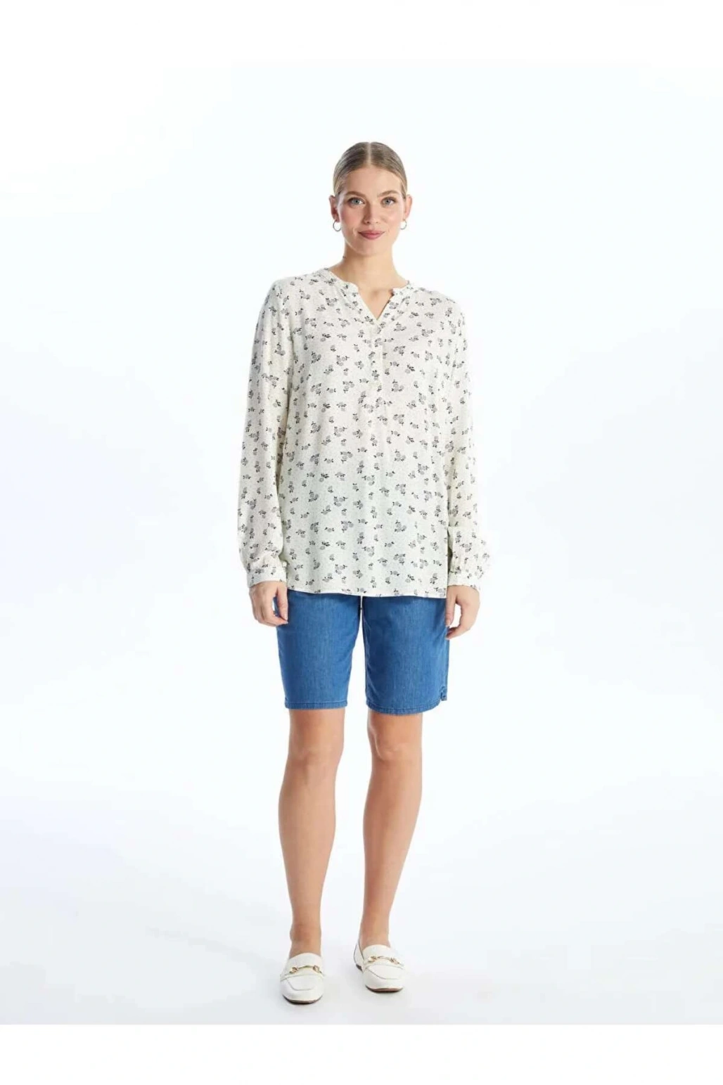 LCW Grace Ekru Kaçık Yaka Desenli Uzun Kollu Kadın Bluz