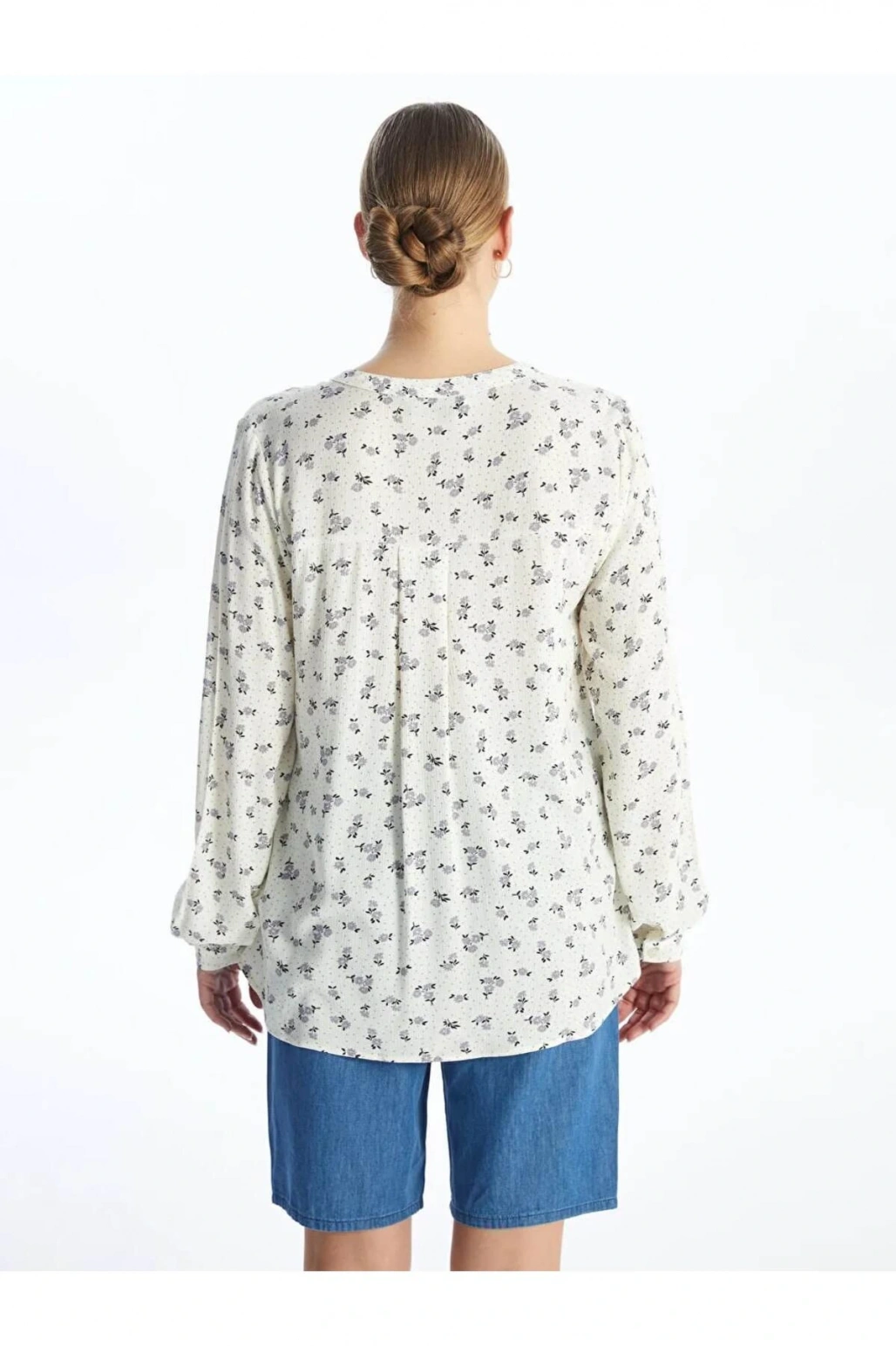 LCW Grace Ekru Kaçık Yaka Desenli Uzun Kollu Kadın Bluz