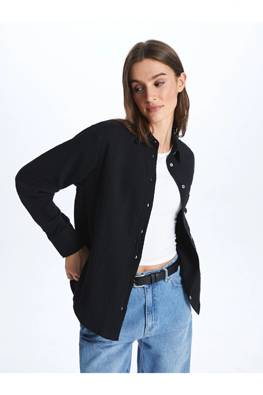 LCW Düz Uzun Kollu Müslin Kadın Gömlek