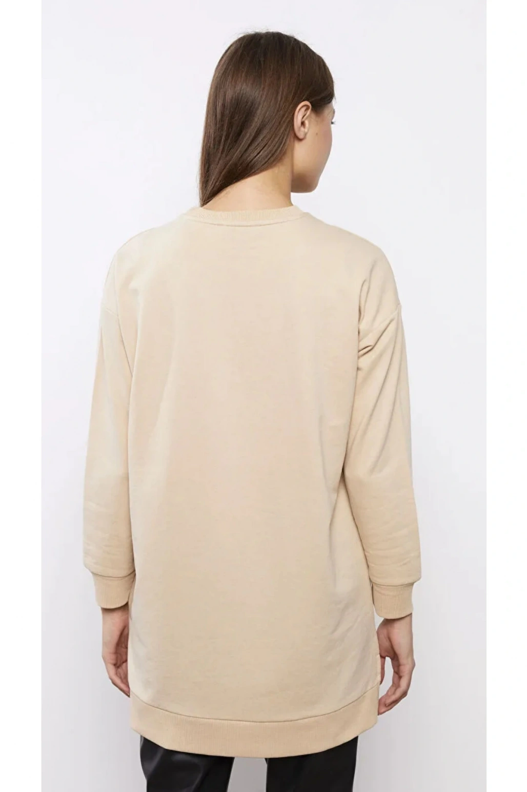 Classic Bisiklet Yaka Nakışlı Uzun Kollu Oversize Kadın Tunik