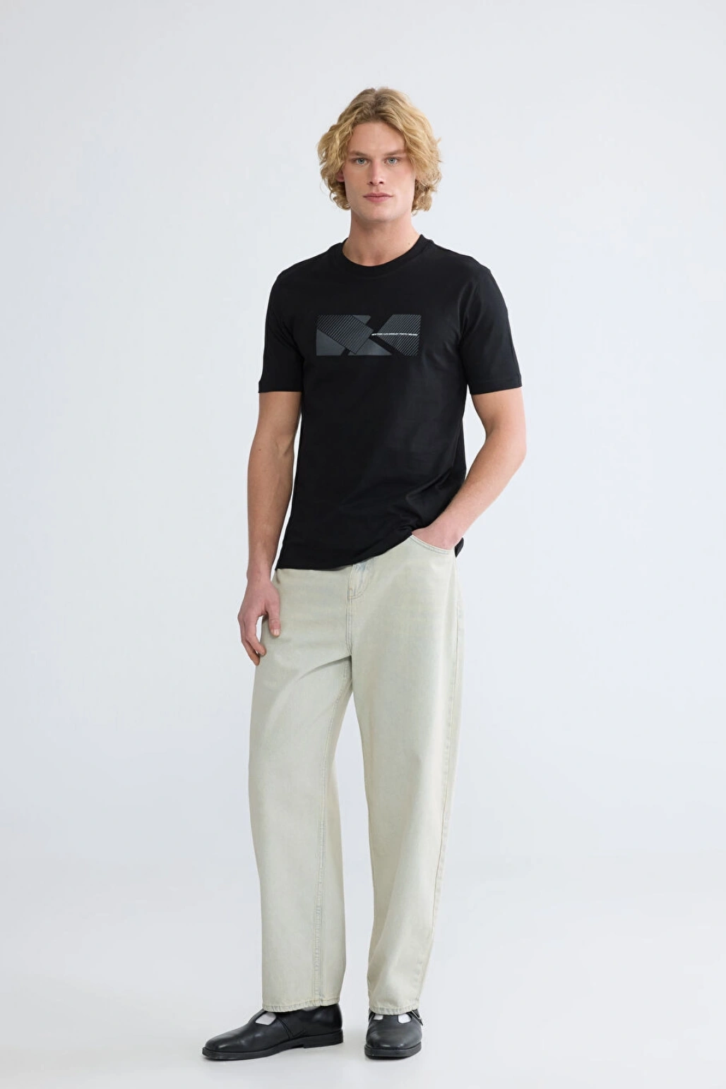 XSIDE Siyah Bisiklet Yaka Baskılı Erkek Tişört