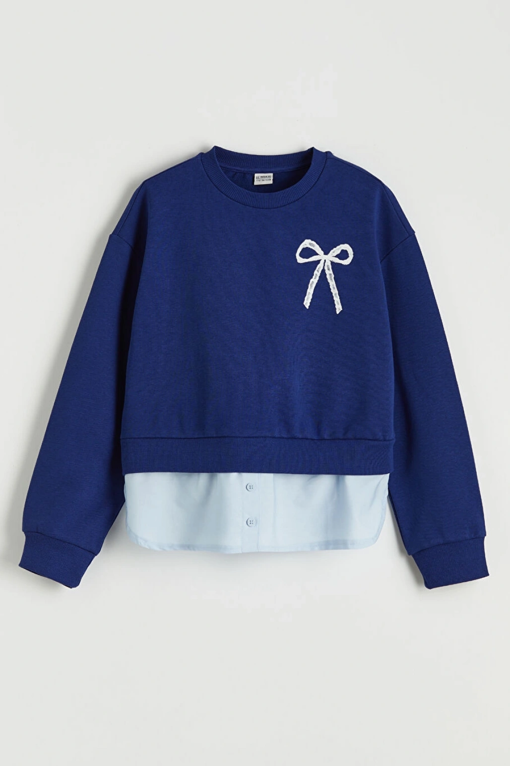 LCW Kids Lacivert Bisiklet Yaka Baskılı Kız Çocuk Kalın Sweatshirt