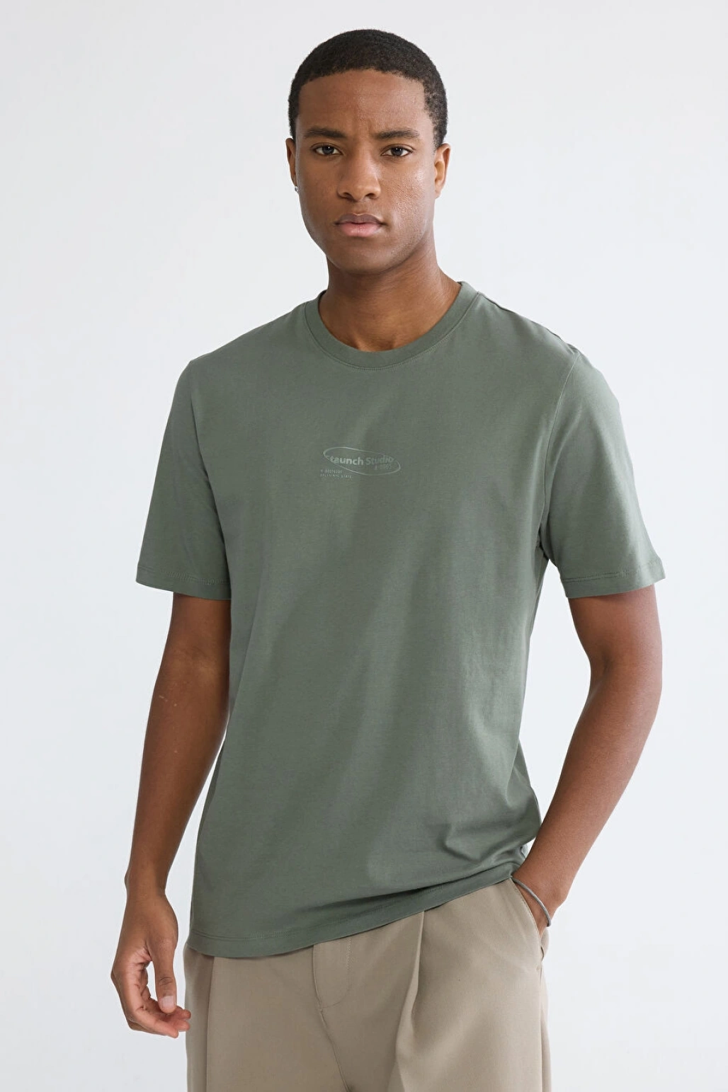 XSIDE Haki Bisiklet Yaka Baskılı Penye Erkek Tişört