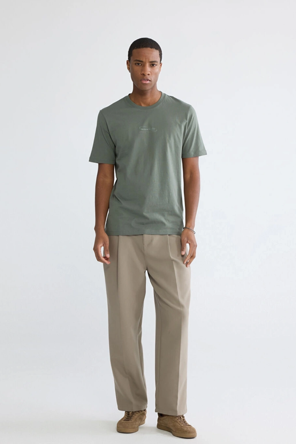 XSIDE Haki Bisiklet Yaka Baskılı Penye Erkek Tişört