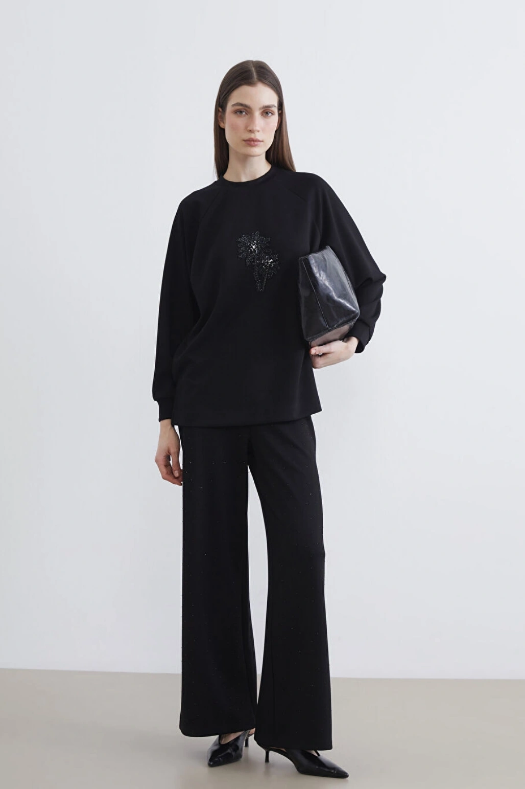 LCW Modest Siyah Beli Lastikli Geniş Paça Kadın Eşofman Altı