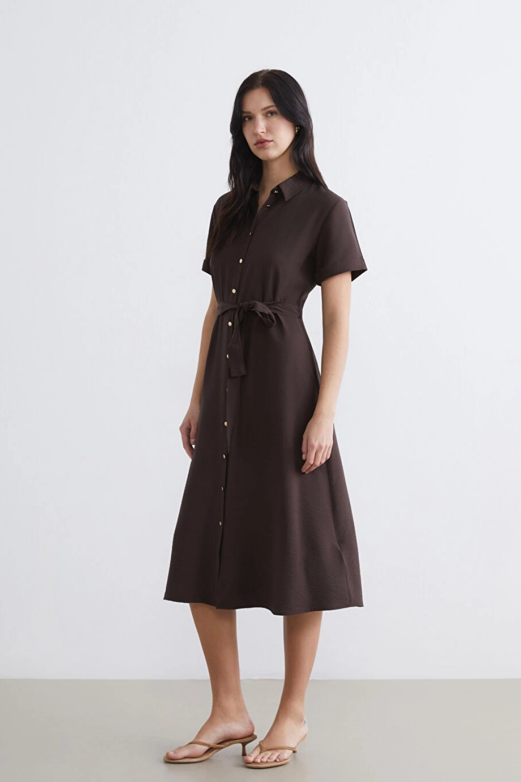 LCW Comfort Kahverengi Beli Kuşaklı Gömlek Elbise