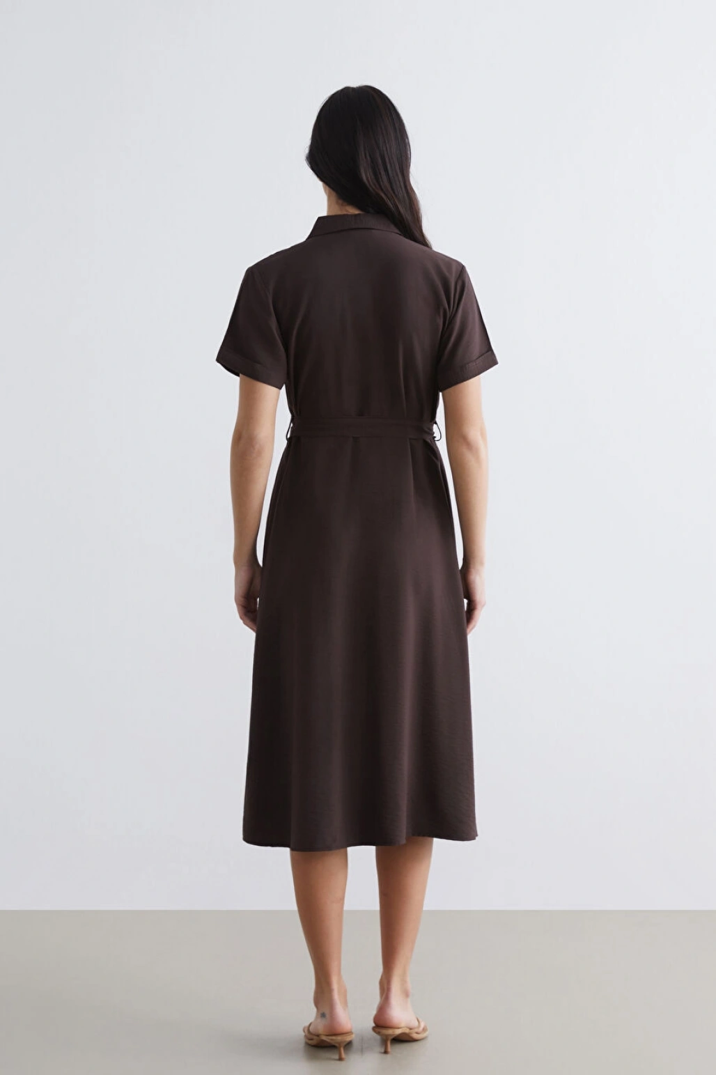 LCW Comfort Kahverengi Beli Kuşaklı Gömlek Elbise