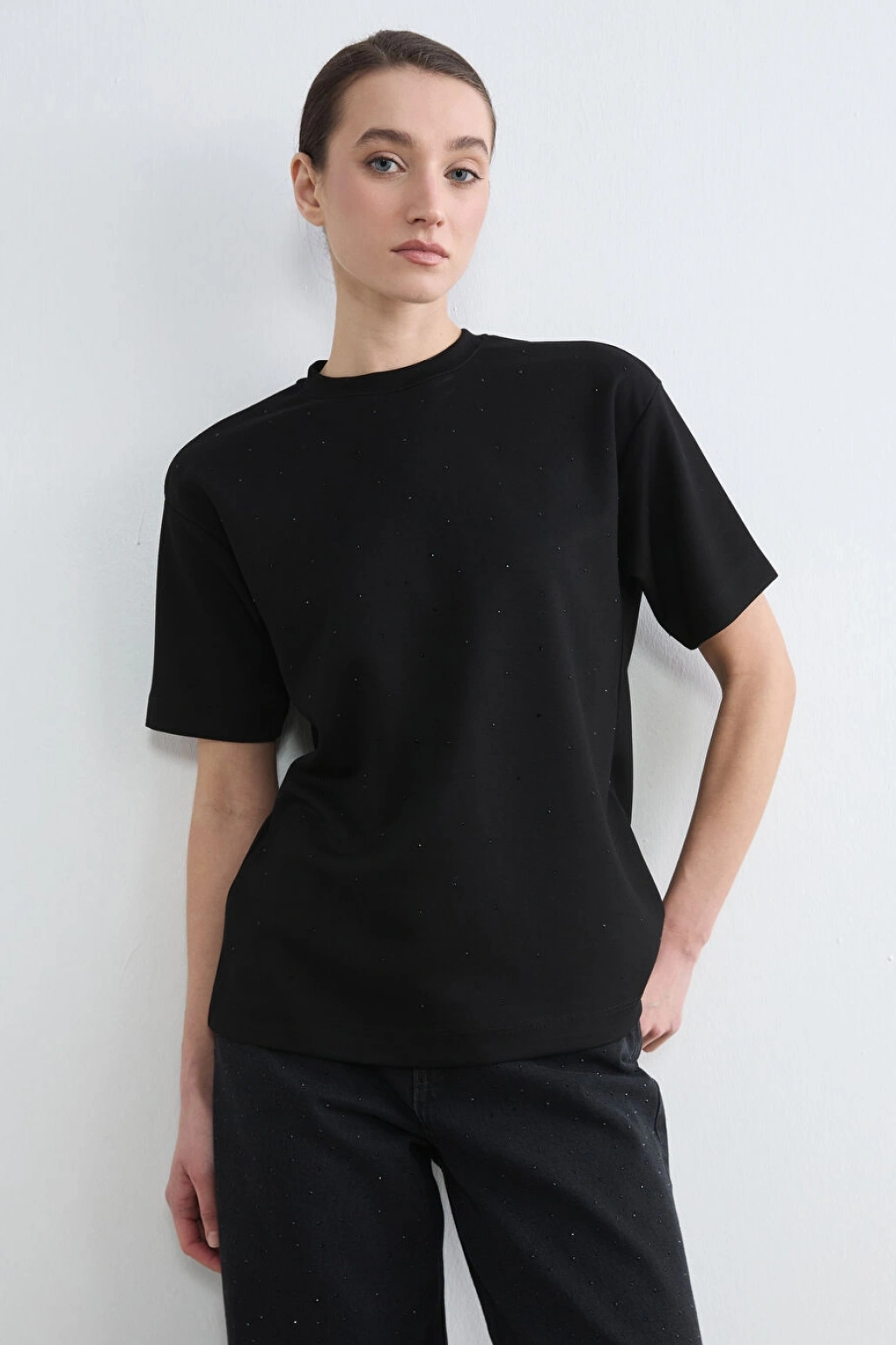 LCW Modest Siyah Bisiklet Yaka Taşlı Kadın Tişört