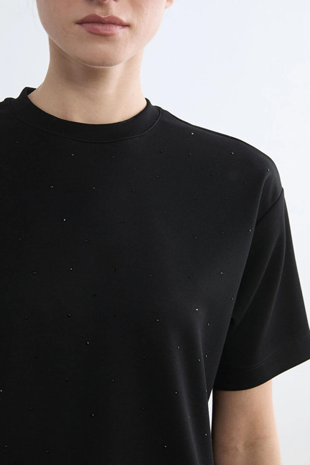 LCW Modest Siyah Bisiklet Yaka Taşlı Kadın Tişört