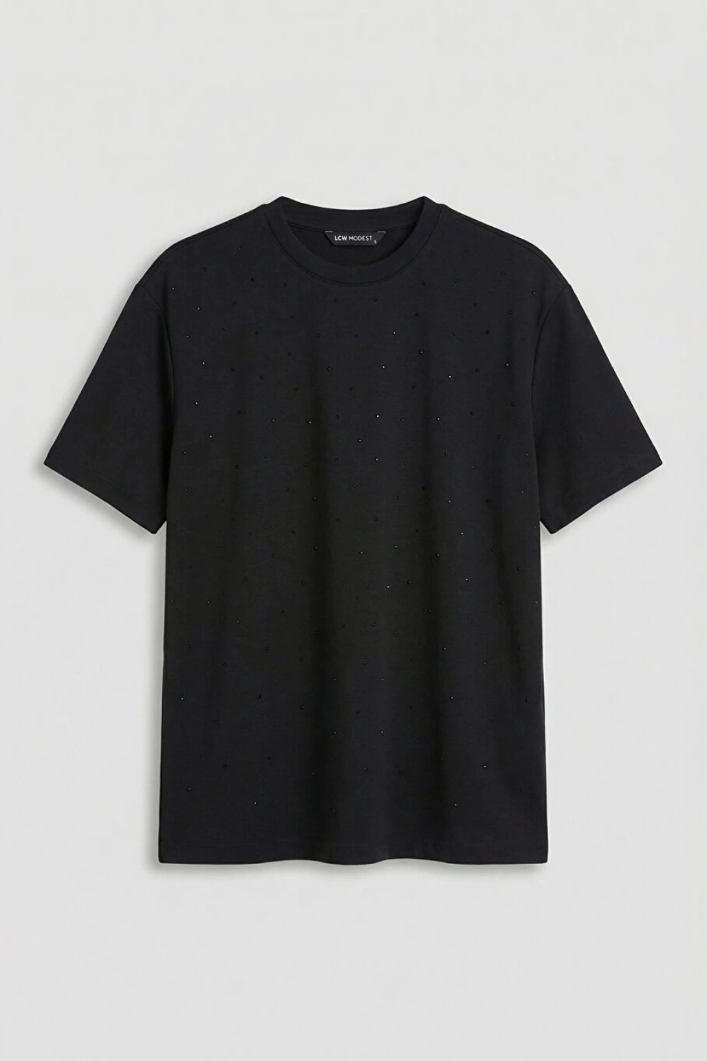 LCW Modest Siyah Bisiklet Yaka Taşlı Kadın Tişört