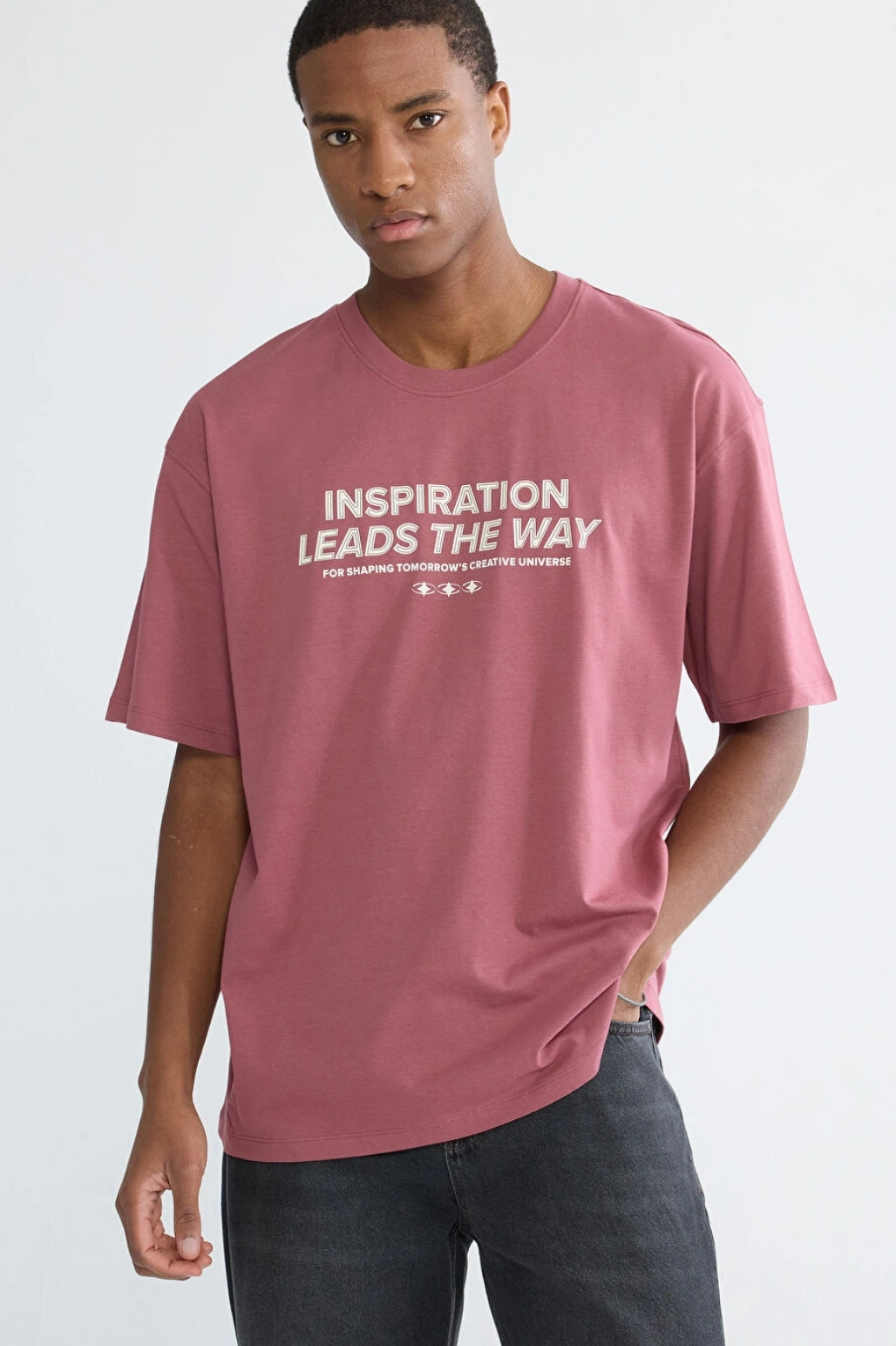 XSIDE Pembe Bisiklet Yaka Baskılı Erkek Tişört