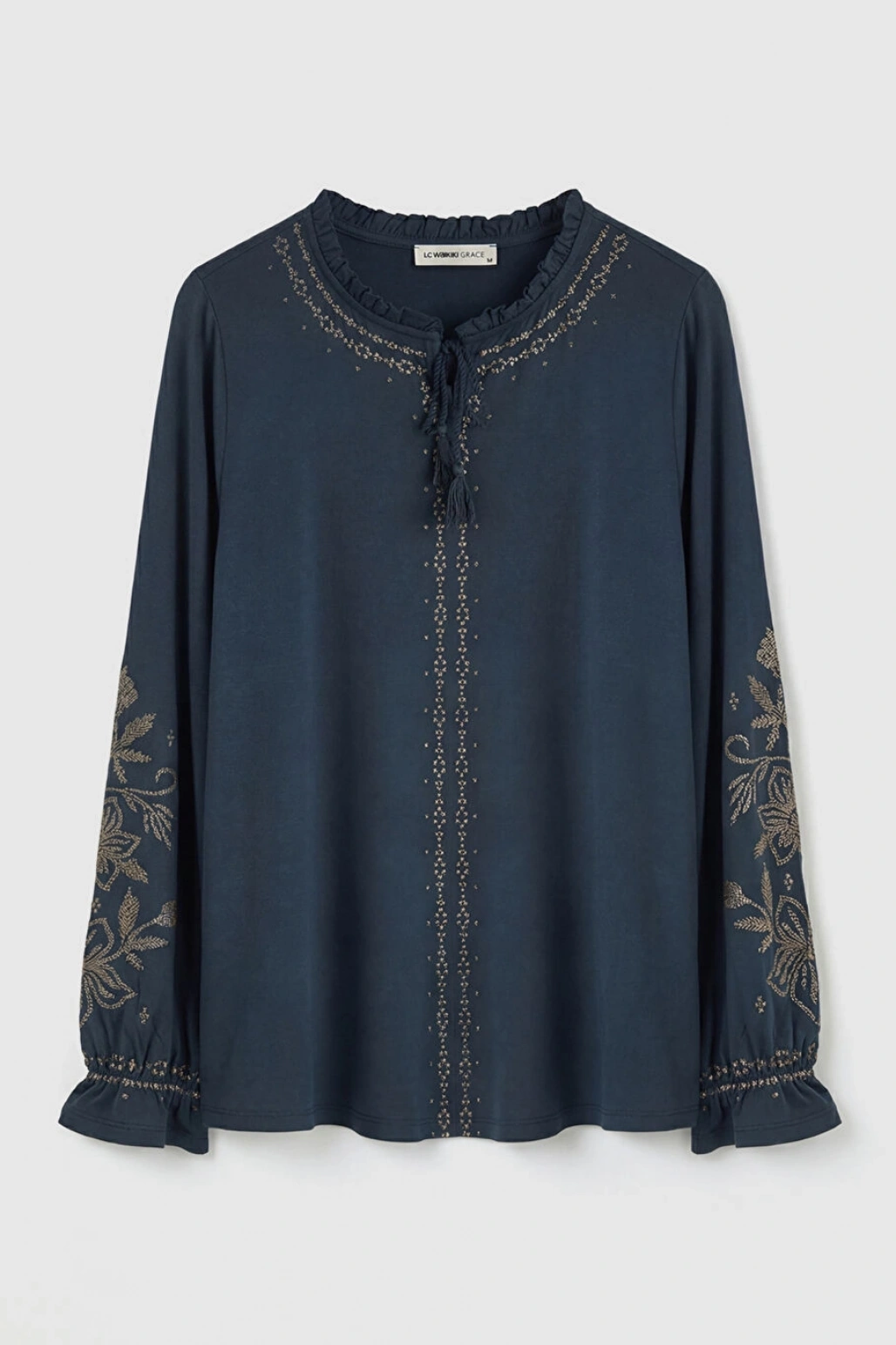 LCW Grace Lacivert Bağlama Yaka Fırfırlı Desenli Bluz