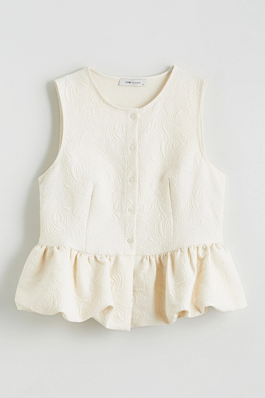 LCW Vision Ekru Bisiklet Yaka Desenli Fırfırlı Bluz