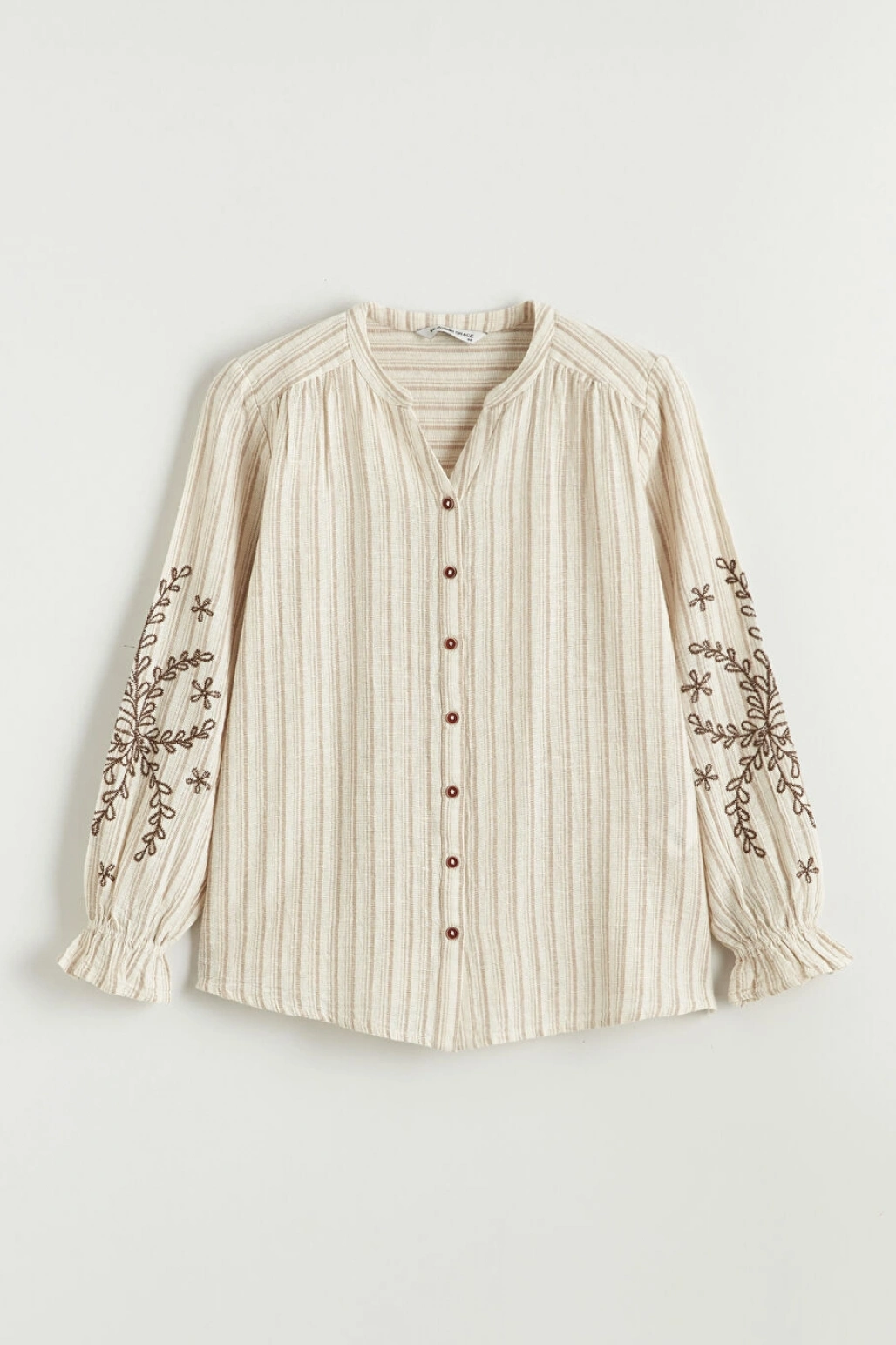 LCW Grace Kahverengi Kaçık Yaka Çizgili Keten Karışımlı Kadın Gömlek