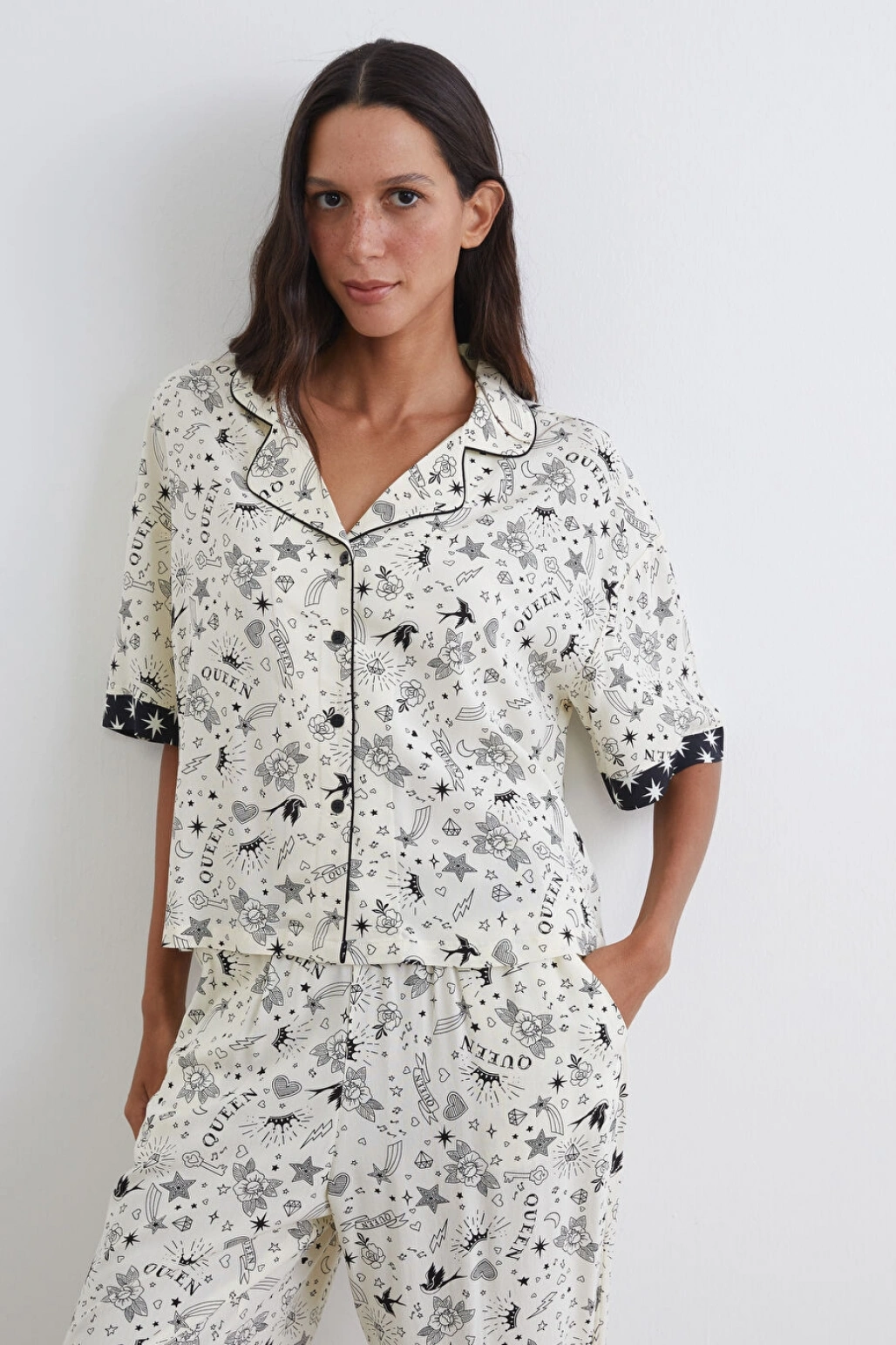 LCW DREAM Ekru Gömlek Yaka Baskılı Kadın Pijama Takım