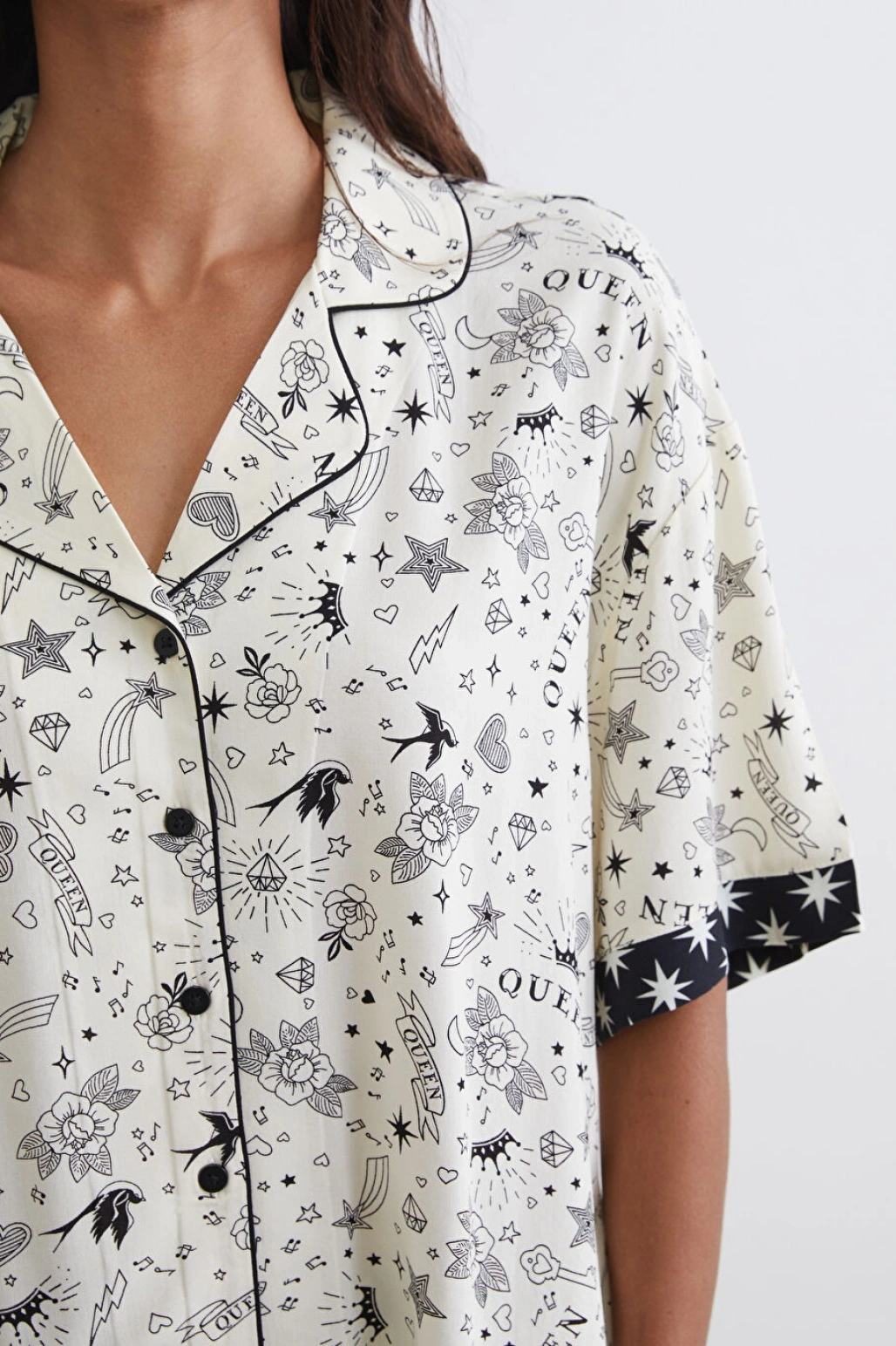 LCW DREAM Ekru Gömlek Yaka Baskılı Kadın Pijama Takım